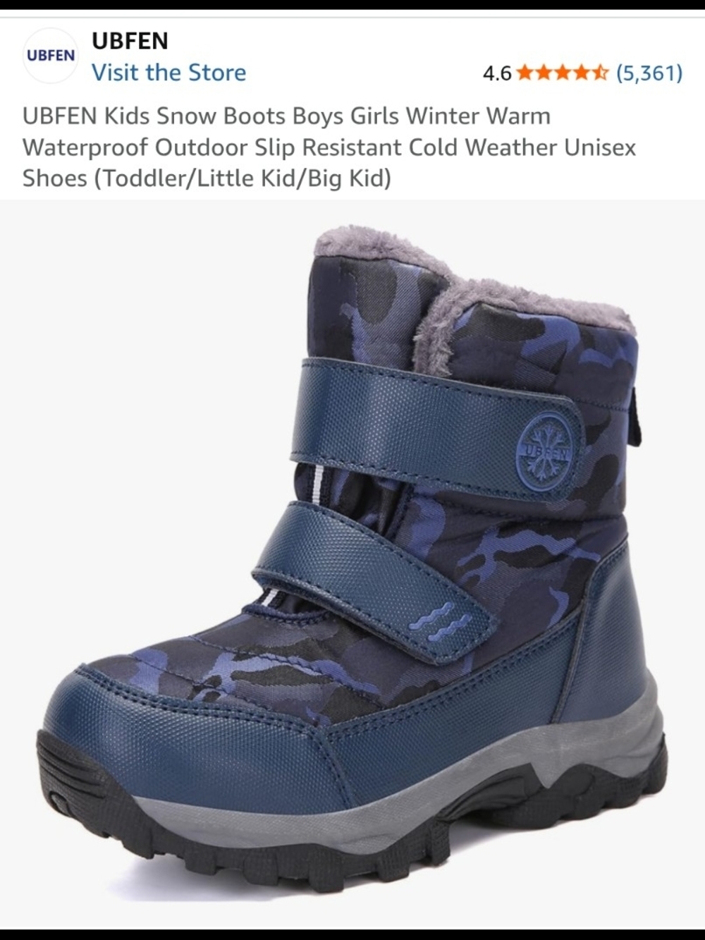 Kids Navy Camo Winter Snow Boots - Waterproof, Warm